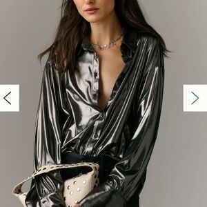NWT NEWAnthropologie Shine Metallic Button Down Shirt - Black Gunmetal Silver XS